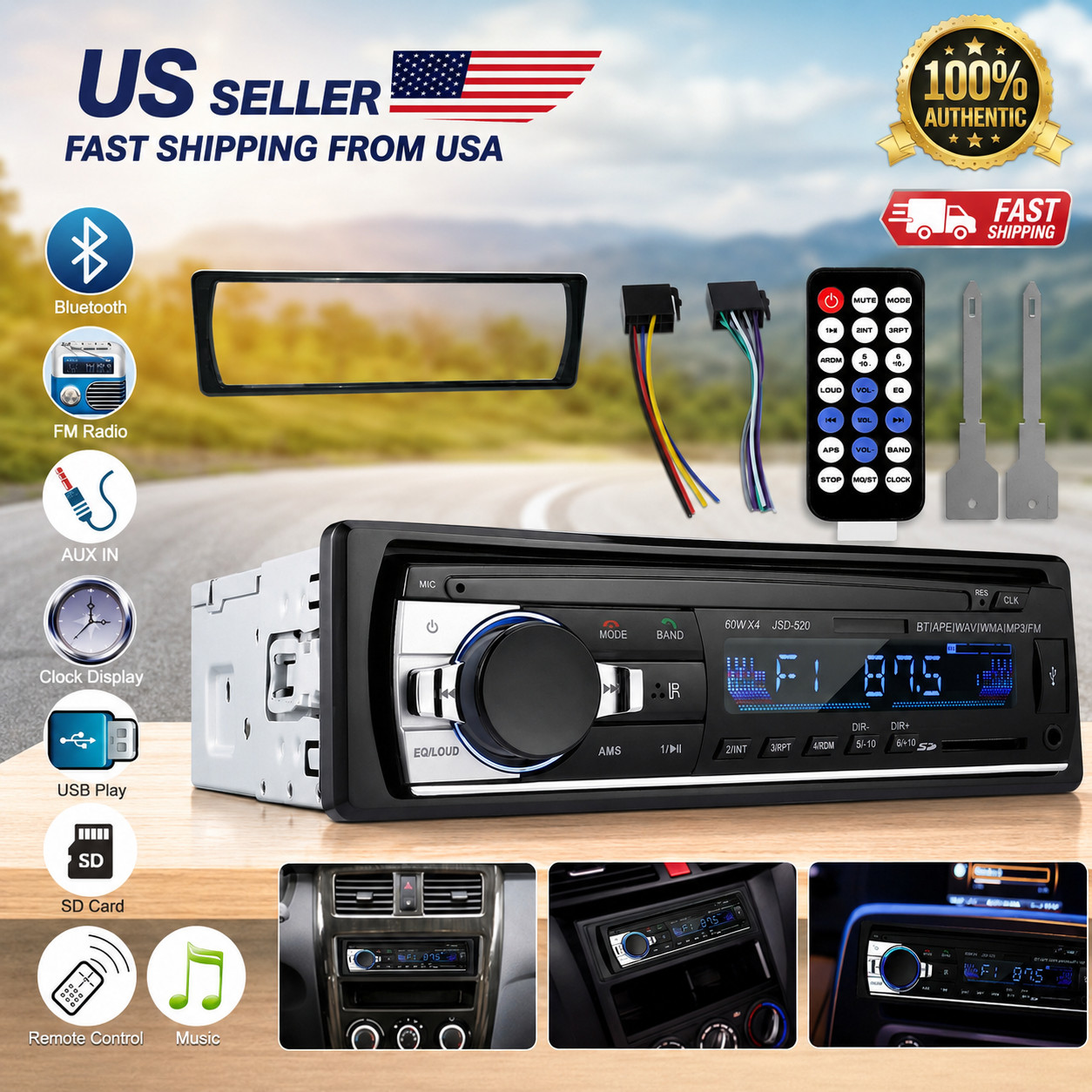 Bluetooth Car Stereo Audio In-Dash FM Aux Input Receiver SD USB MP3 Radio Player