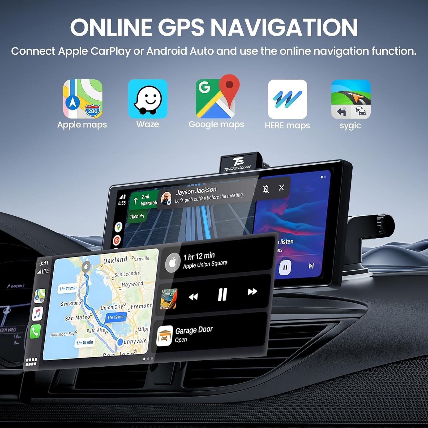 10.26” Wireless Carplay Screen for Car with 4K Dash Cam & 1080P Backup Black