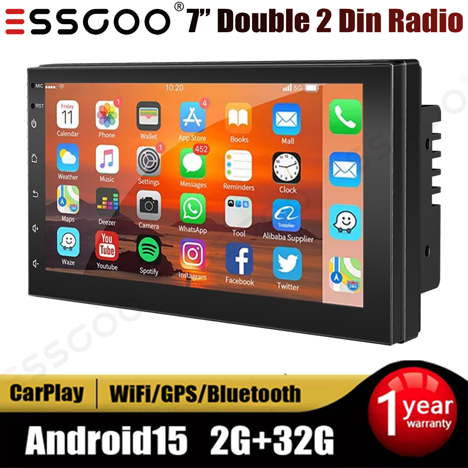 Double 7″ 2Din Touch Screen Car Stereo GPS Radio Android 15 Carplay GPS Navi BT