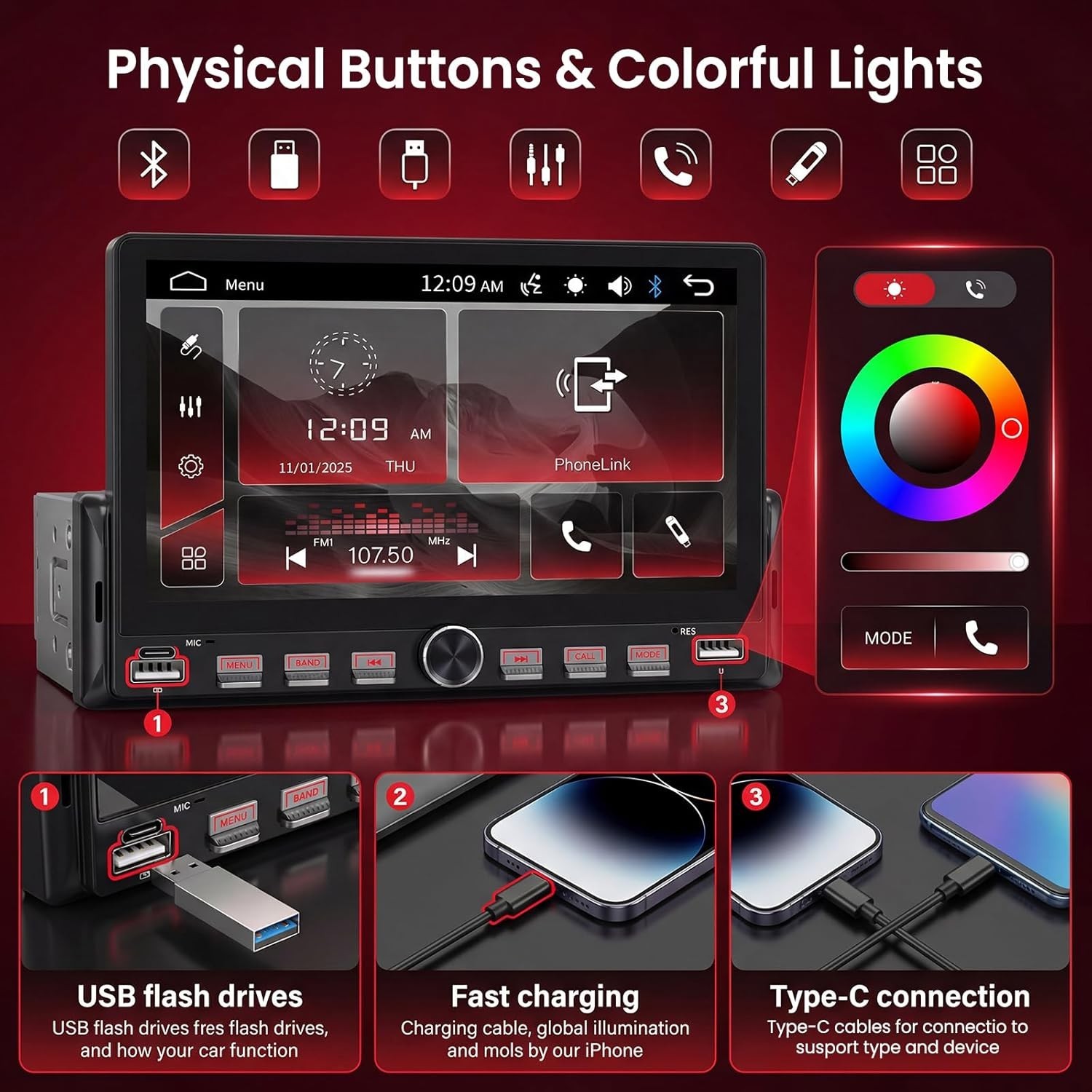 Single Din Touchscreen Car Radio with Bluetooth & Backup Camera Support