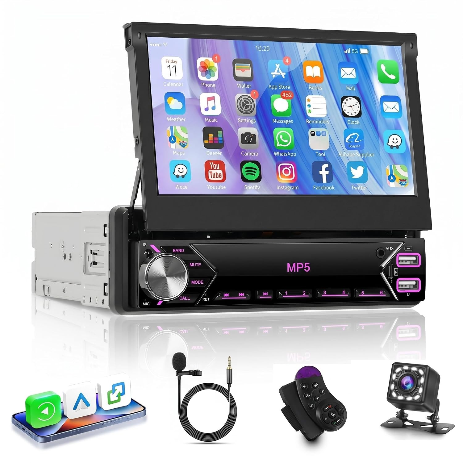 7 inch Single Din Flip Out IPS Touchscreen Car Stereo, 1 Din Car Stereo with Blu