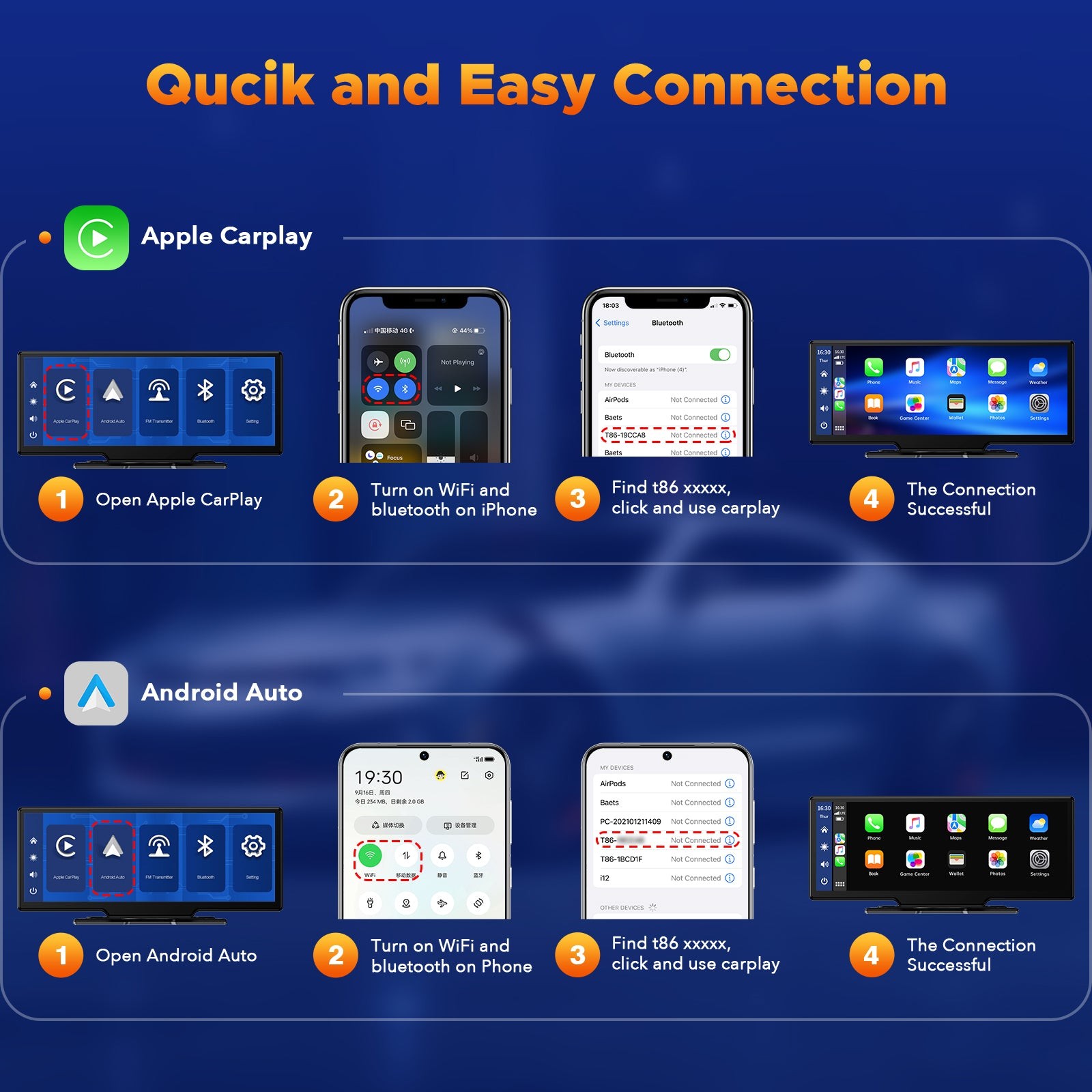 Universal Wireless Apple Carplay Portable Car Stereo Android Auto 2.5K Dash Cam