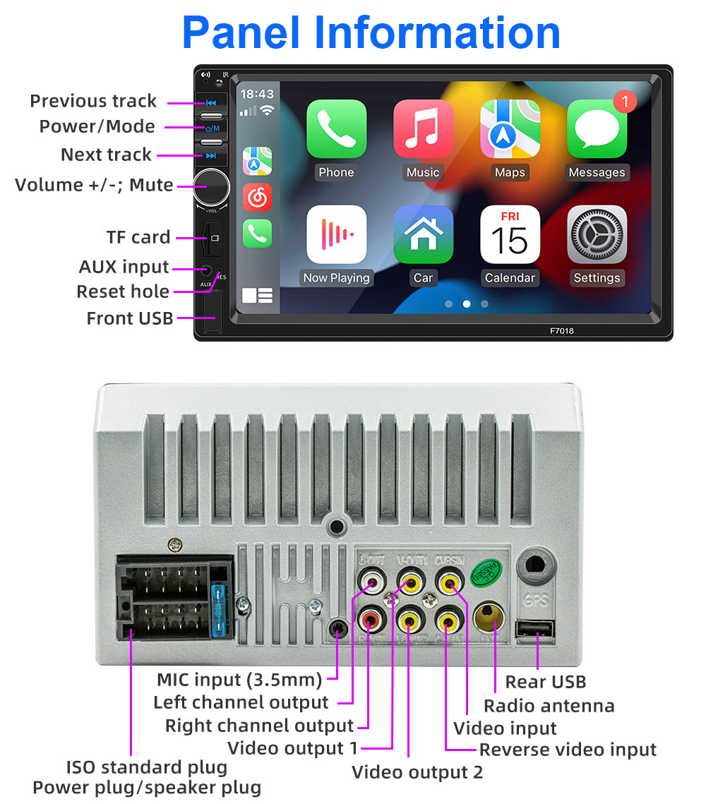 7″ Double 2 DIN Car MP5 Carplay Touch Screen Stereo Radio Head Unit Player +CAM