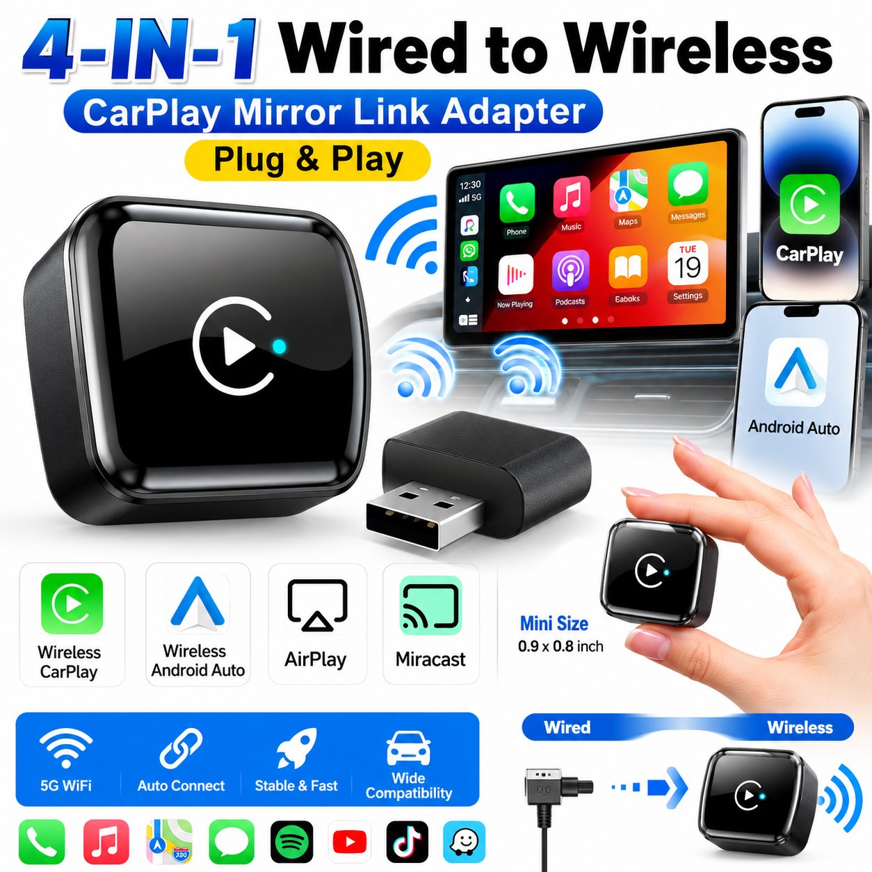 4 in 1 Wireless Mirror Link Adapter Wired to CarPlay for iPhone Auto Adapter USB