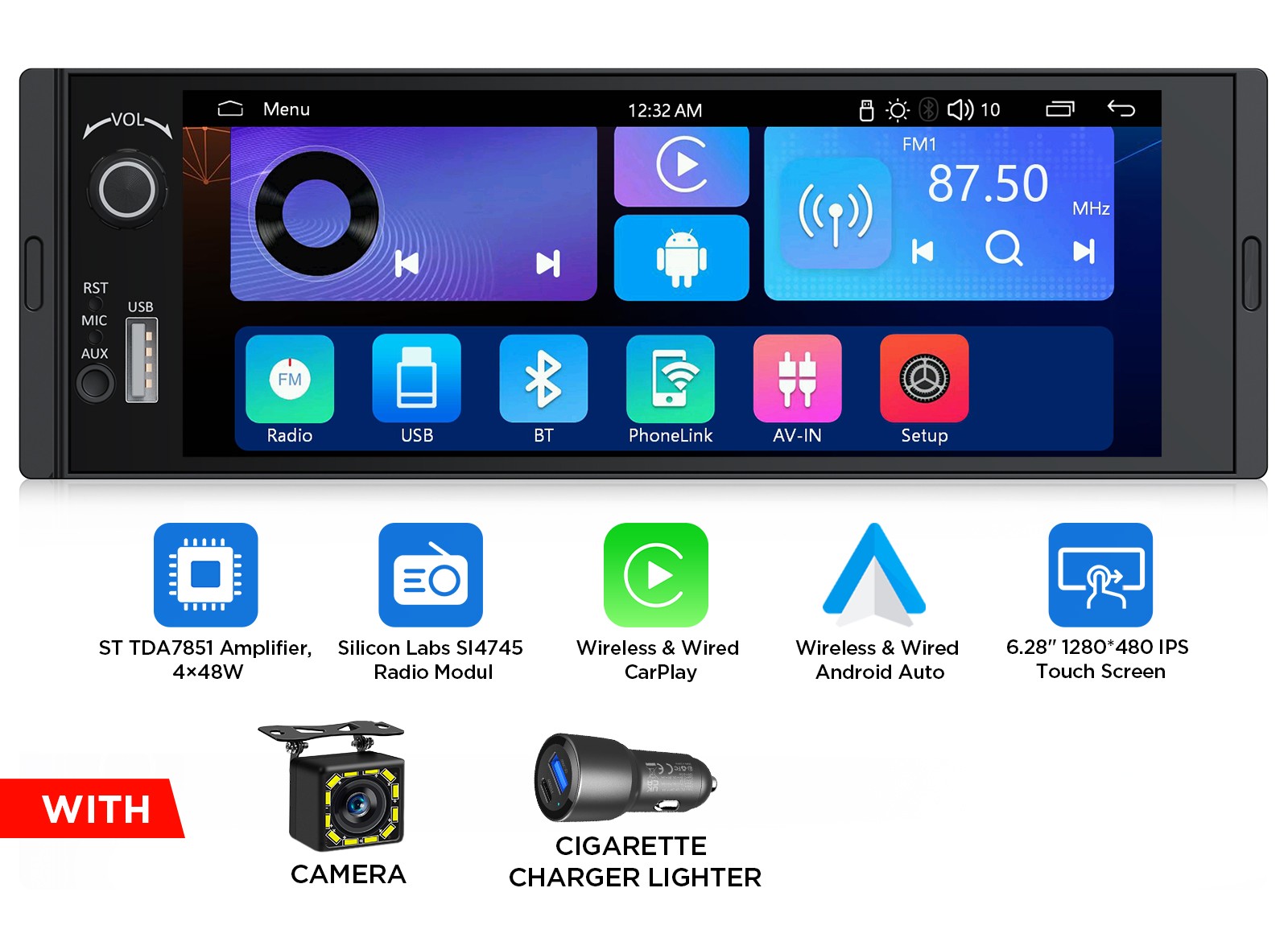 1 DIN 6.28″ IPS Android Auto Car Stereo Radio Apple CarPlay GPS Backup Camera BT