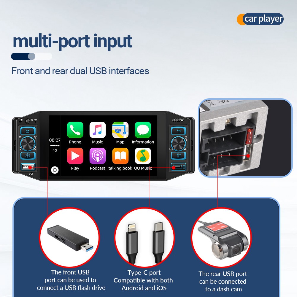 5in Car Stereo MP5 Player Bluetooth Radio HD Touch Screen USB W/4LED Rear Camera
