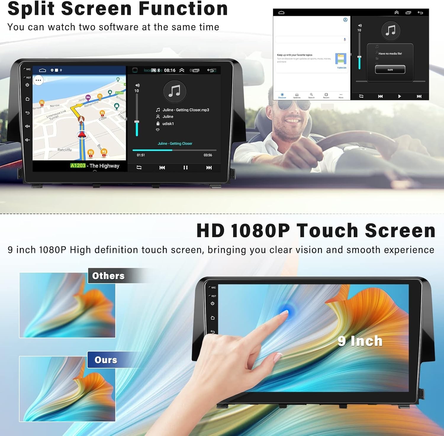 Elegant 9” Android Car Stereo for Honda Civic 2016-2020 with Wireless CarPlay