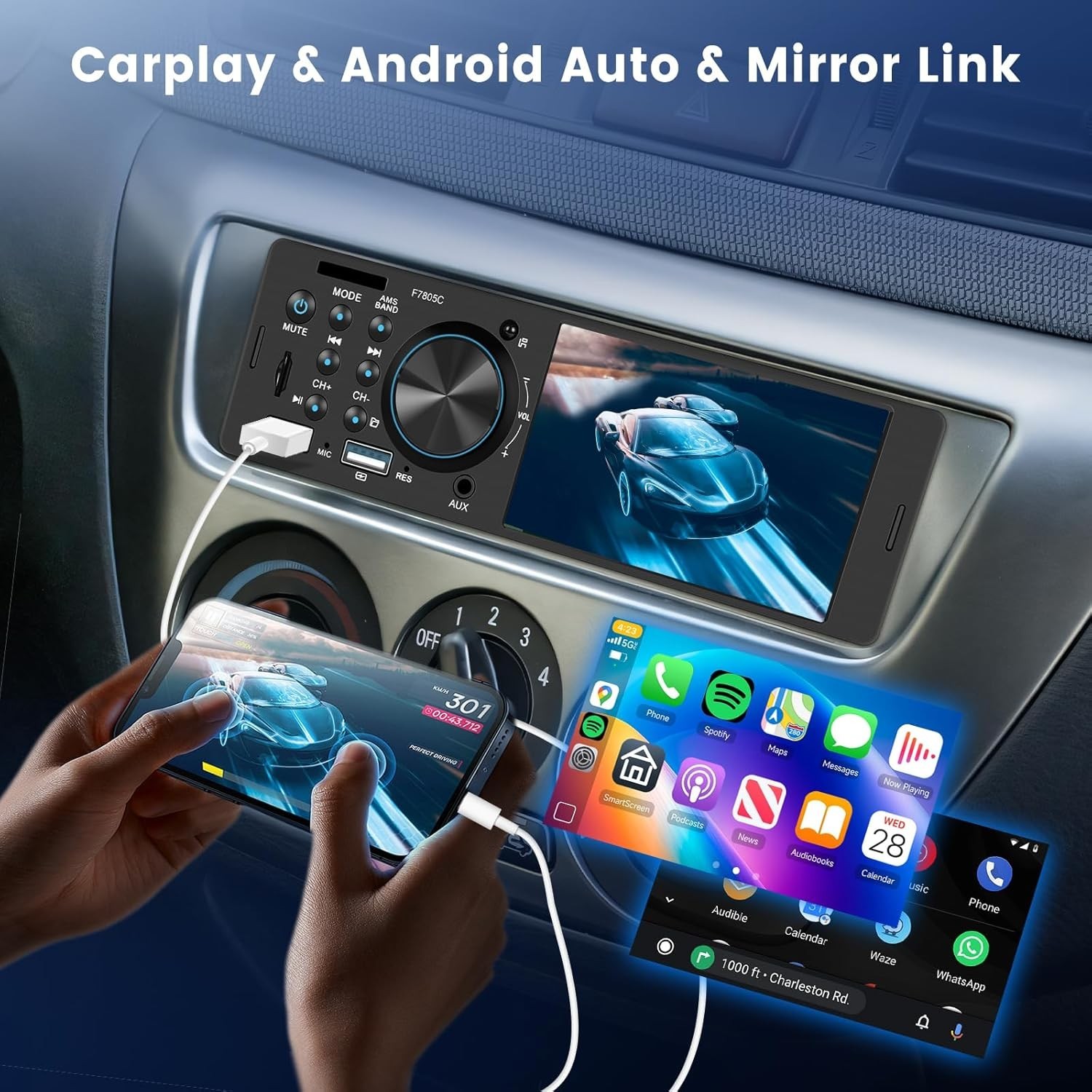 Single Din Car Stereo with CarPlay Android Auto, Touch Screen Car Audio Recei…