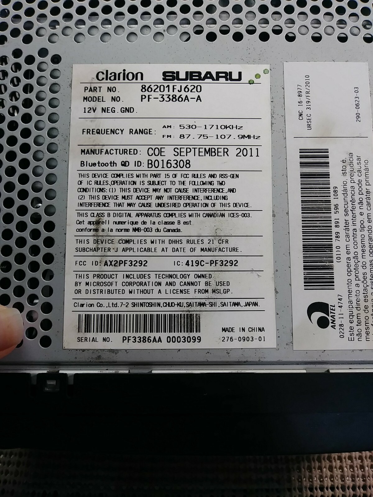 2012 Subaru Impreza AM FM Radio Receiver 86201FJ620