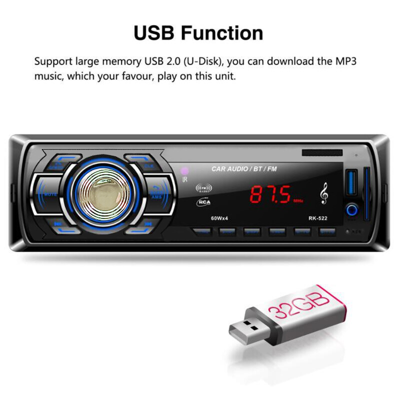 Single 1 Din Car Stereo MP3 Player Bluetooth In-Dash FM Radio Head Unit AUX/USB