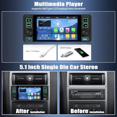 Single Din Car Radio with Wireless CarPlay & Android Auto,5.1 Inch HD IPS