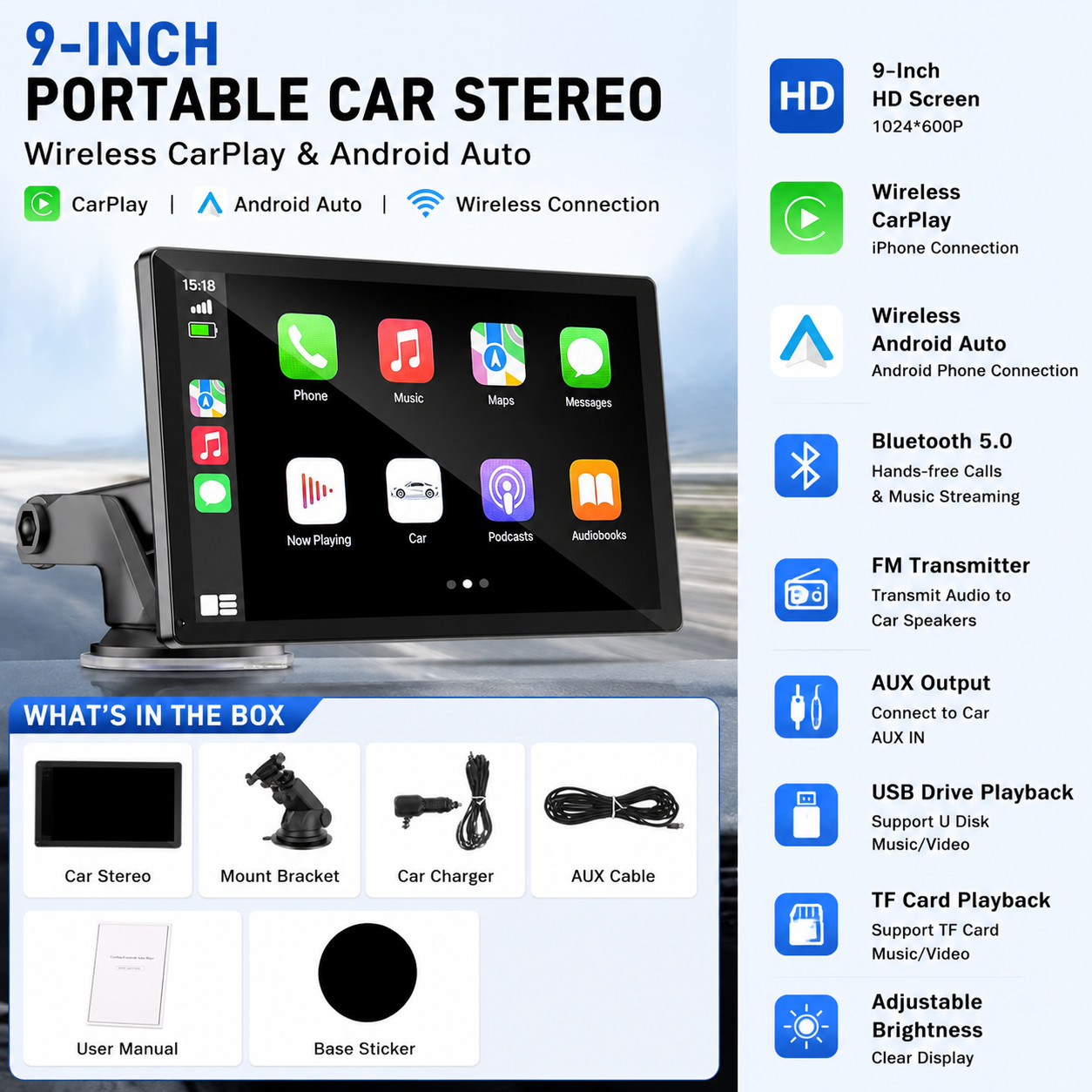 9inch car Stereo Radio for Apple CarPlay Android Auto Touch Screen GPS Navi +CAM
