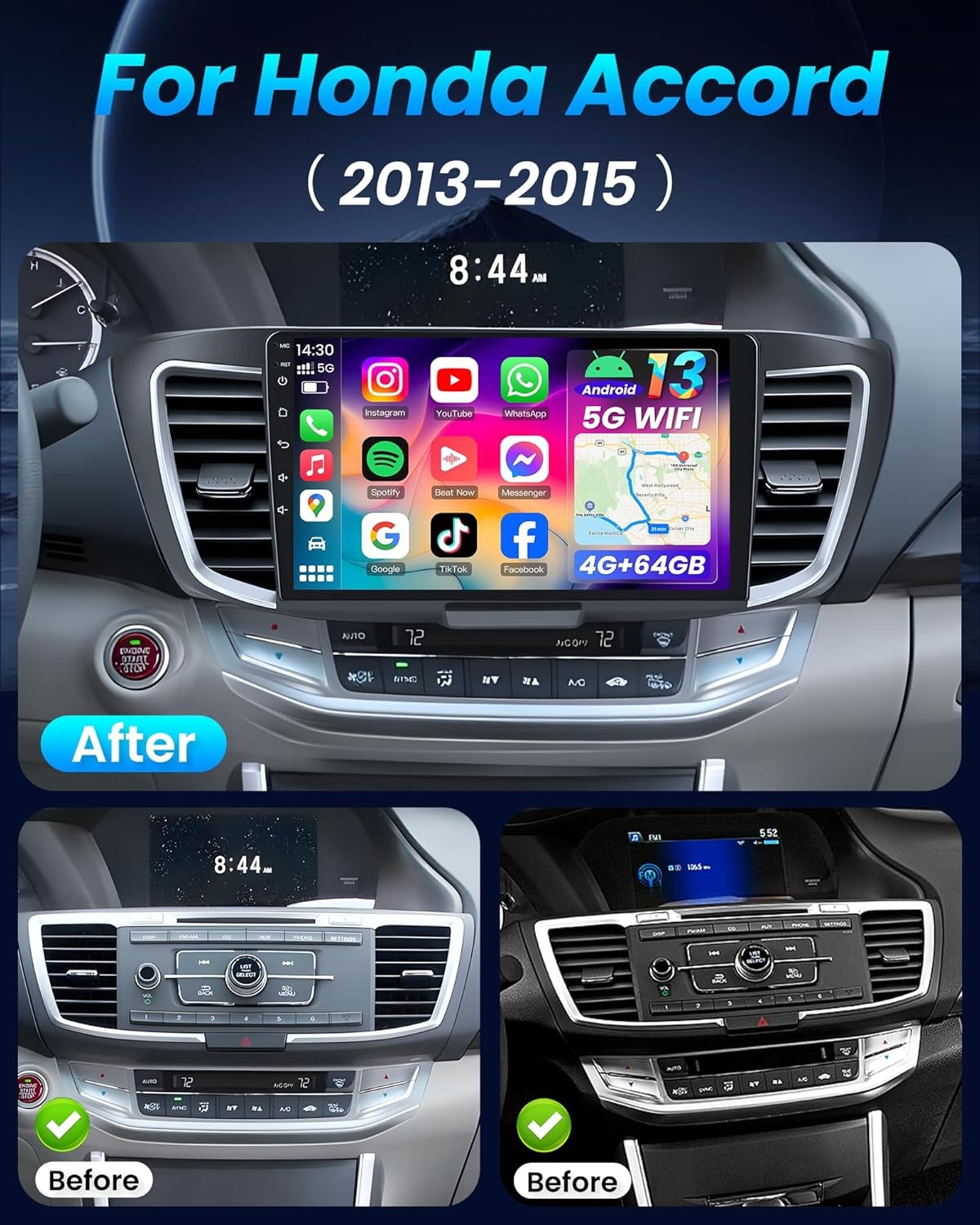 Android Auto 64G For Honda Accord 2013-2015 Apple Carplay Stereo Radio GPS Navi