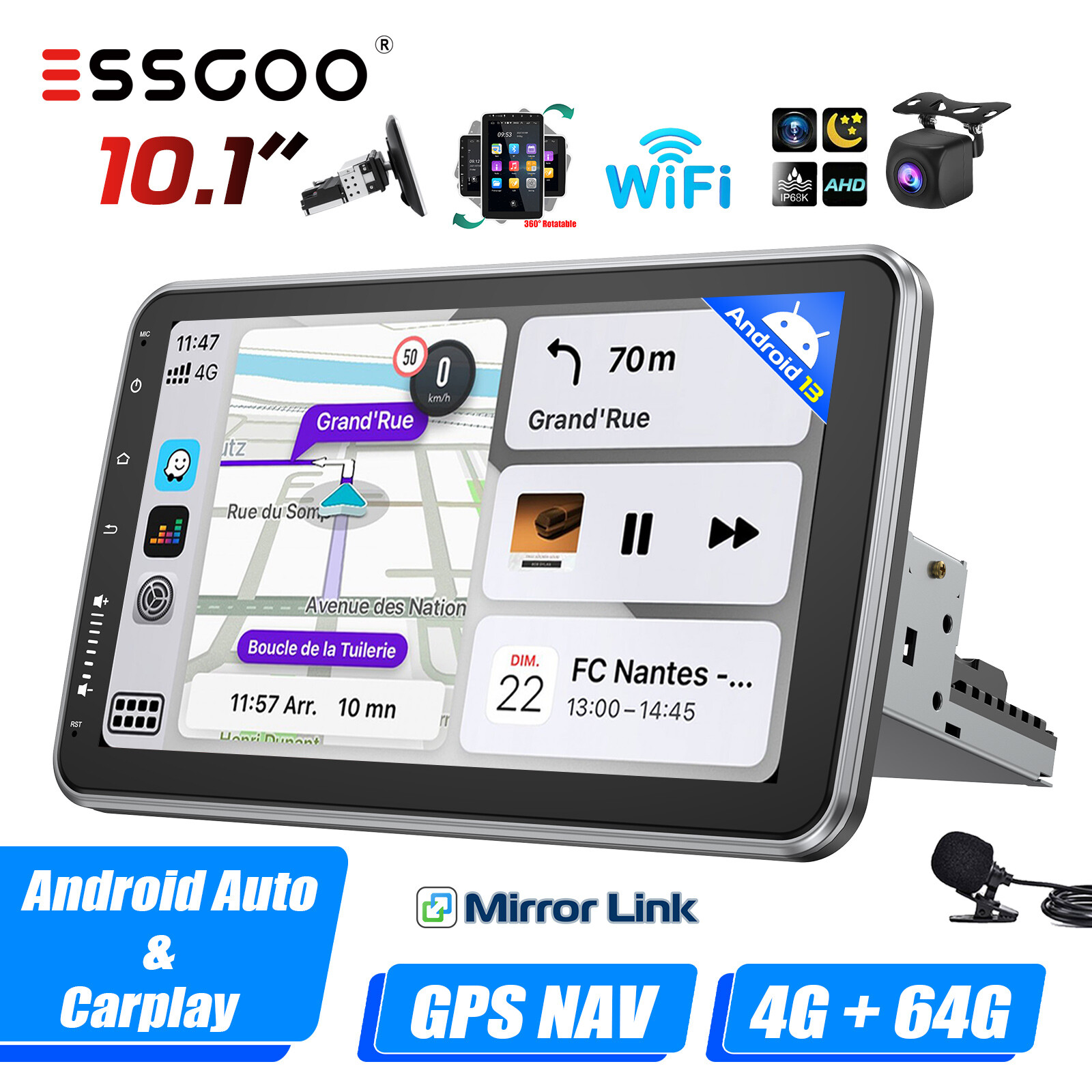 10″ Rotatable Car Stereo Radio 1DIN Android 13 Carplay GPS NAV WIFI 4+64G Camera