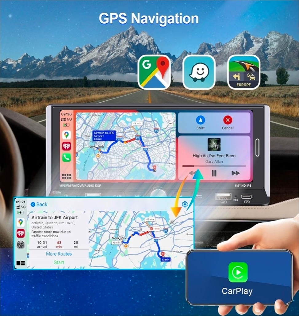 Single Din Car Radio Compatible with Wireless Apple CarPlay,6.9”Car StereoIPS