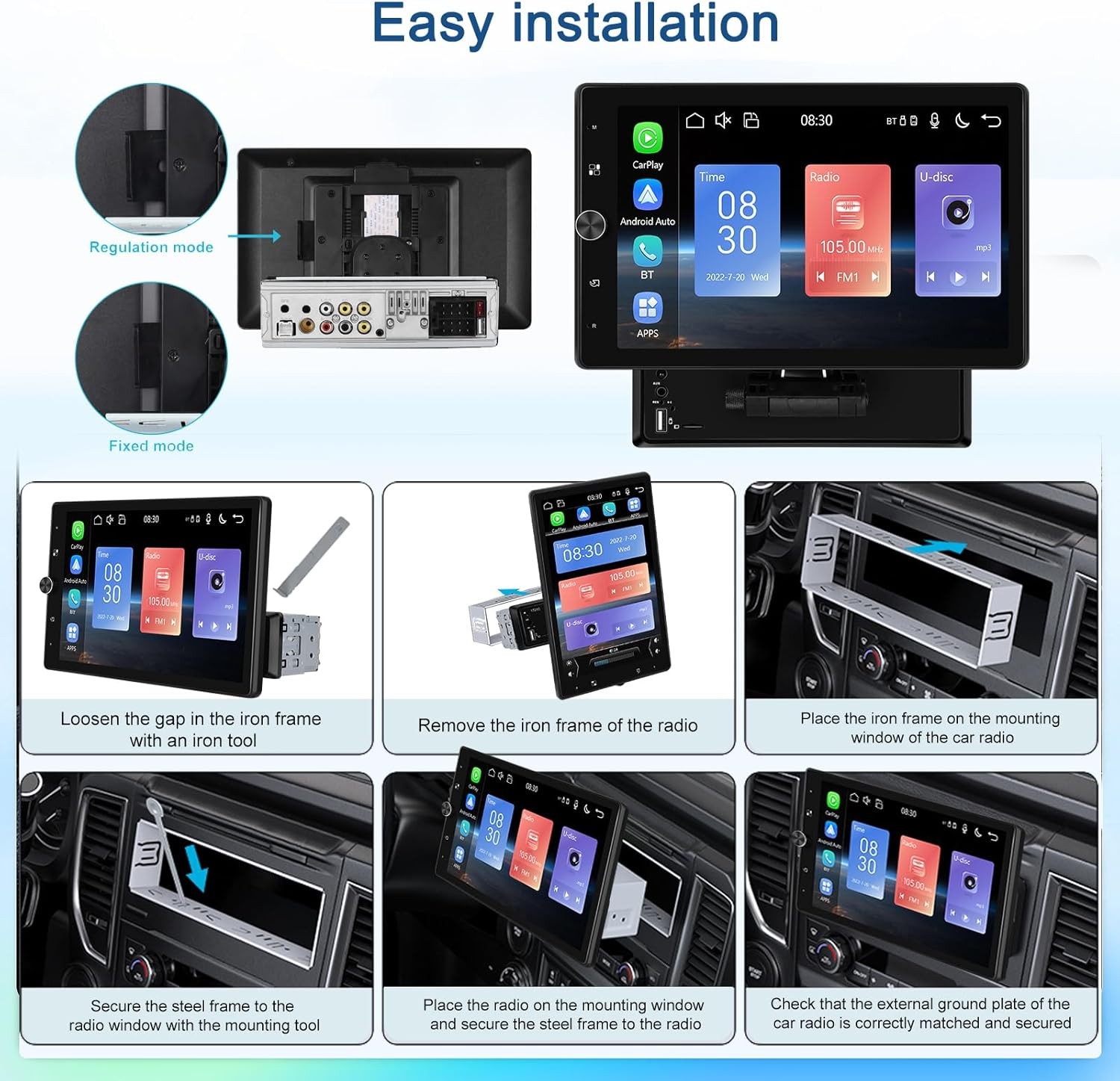10.4” 1 Din Car Stereo Apple CarPlay Android Auto Rotatable Radio BT USB Cam