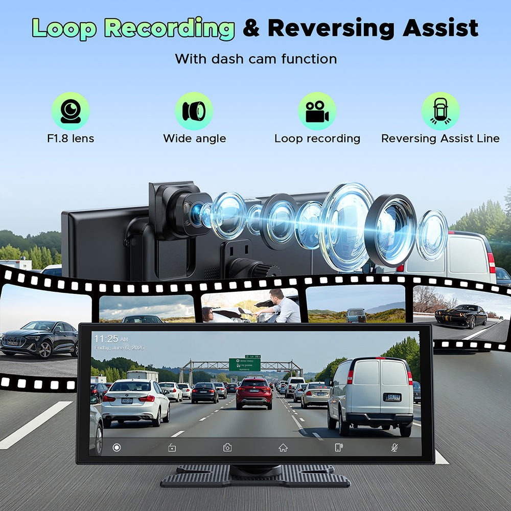 2.5K+1080P Dash Cam 10.25″Car Stereo Radio Wireless Apple Carplay & Android Auto