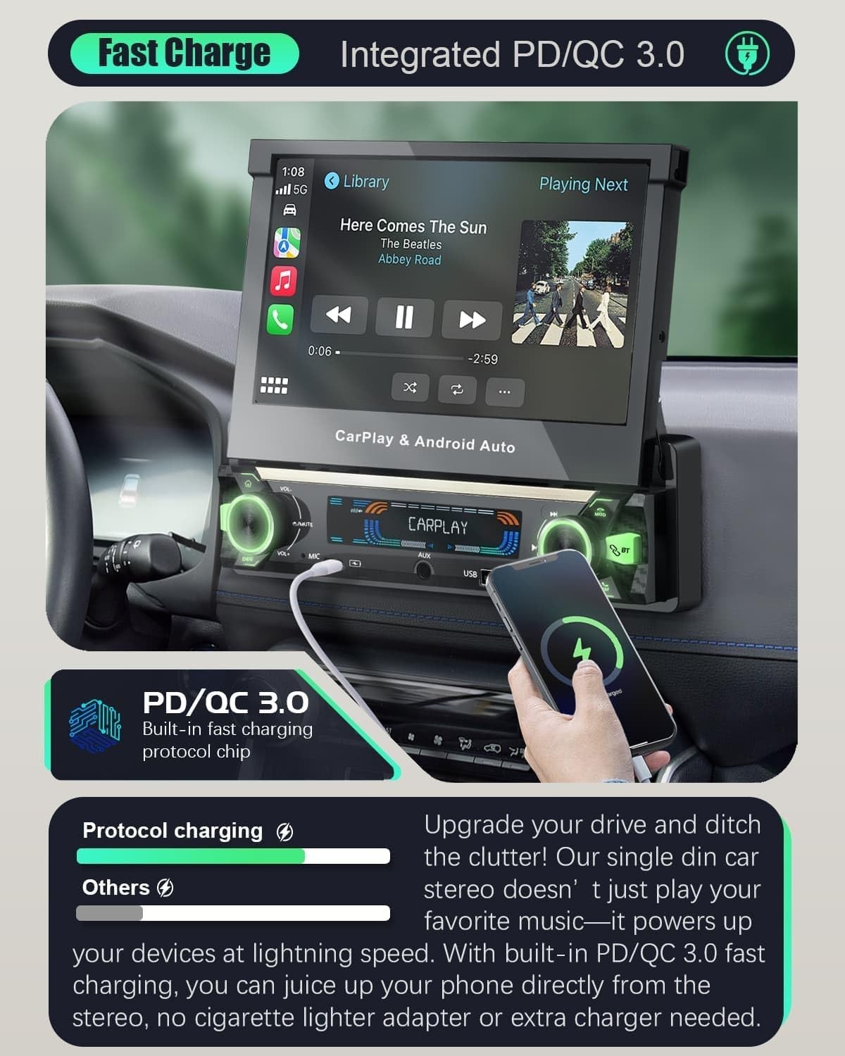 Newest Single Din Touchscreen Radio with Wireless Carplay&Android Auto,7 inch