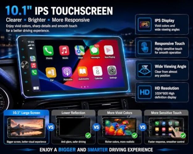 10.1 Inch Single DIN Car Stereo with Wireless CarPlay, Bluetooth 5.2, 720×1280