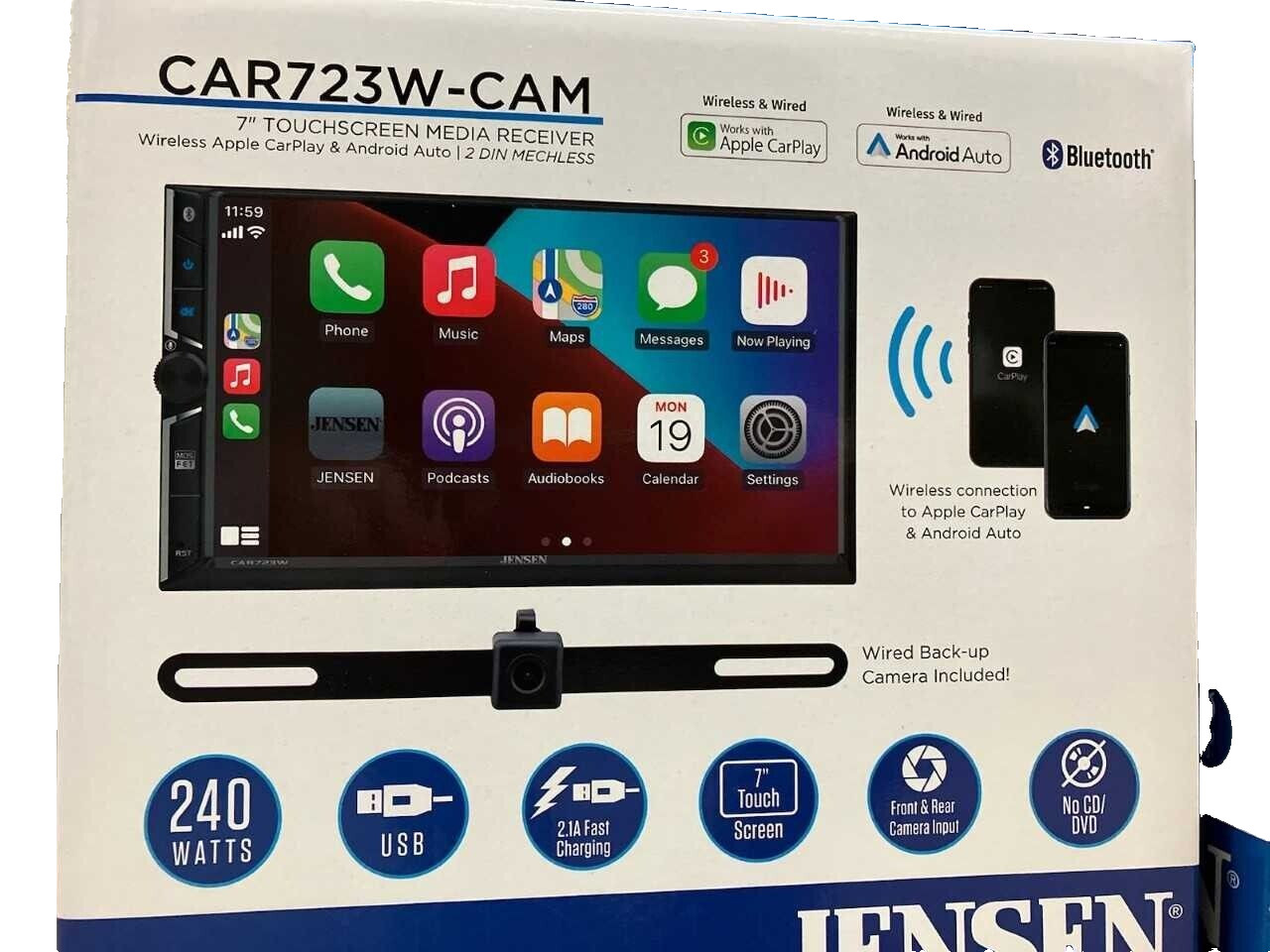 Jensen CAR723W-CAM 7″ Double-DIN Digital Multimedia Receiver w/ Backup Camera