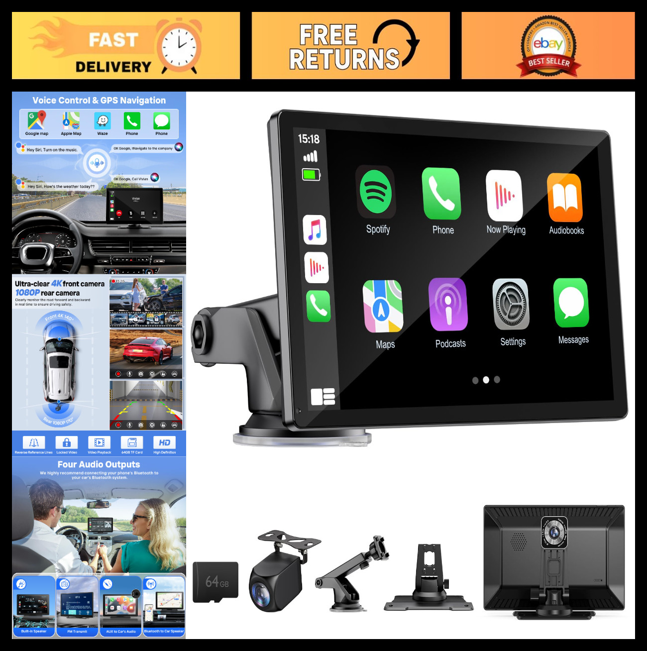 9″ Wireless CarPlay Screen with 4K Dash Cam, 1080p Backup Camera, GPS, Bluetooth