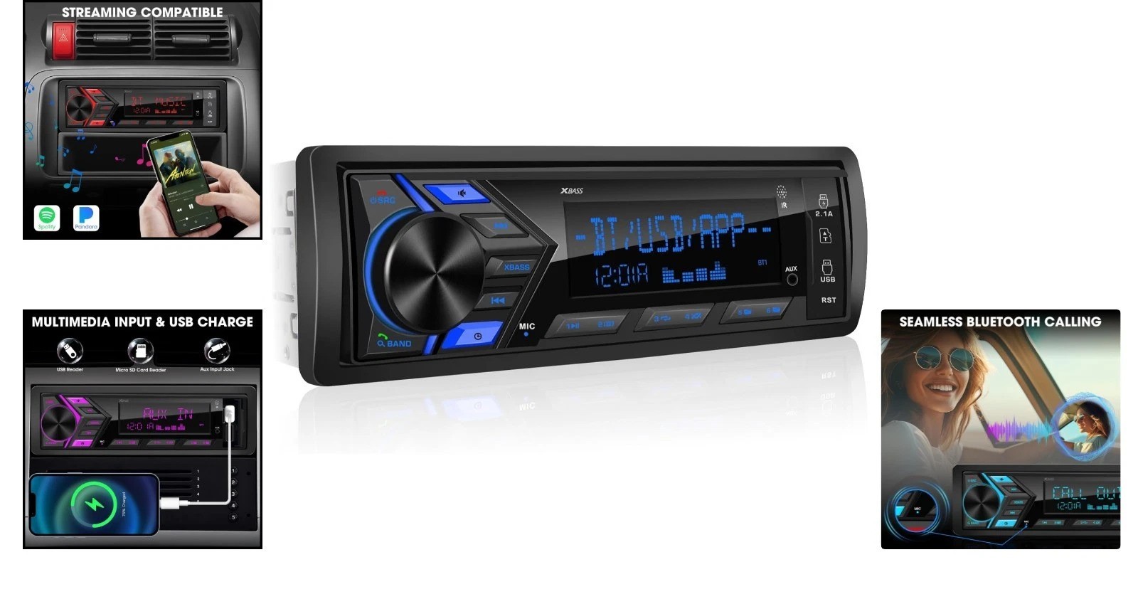 Single Din Bluetooth Car Radio Stereo with 300W Amp FM USB SD and Remote