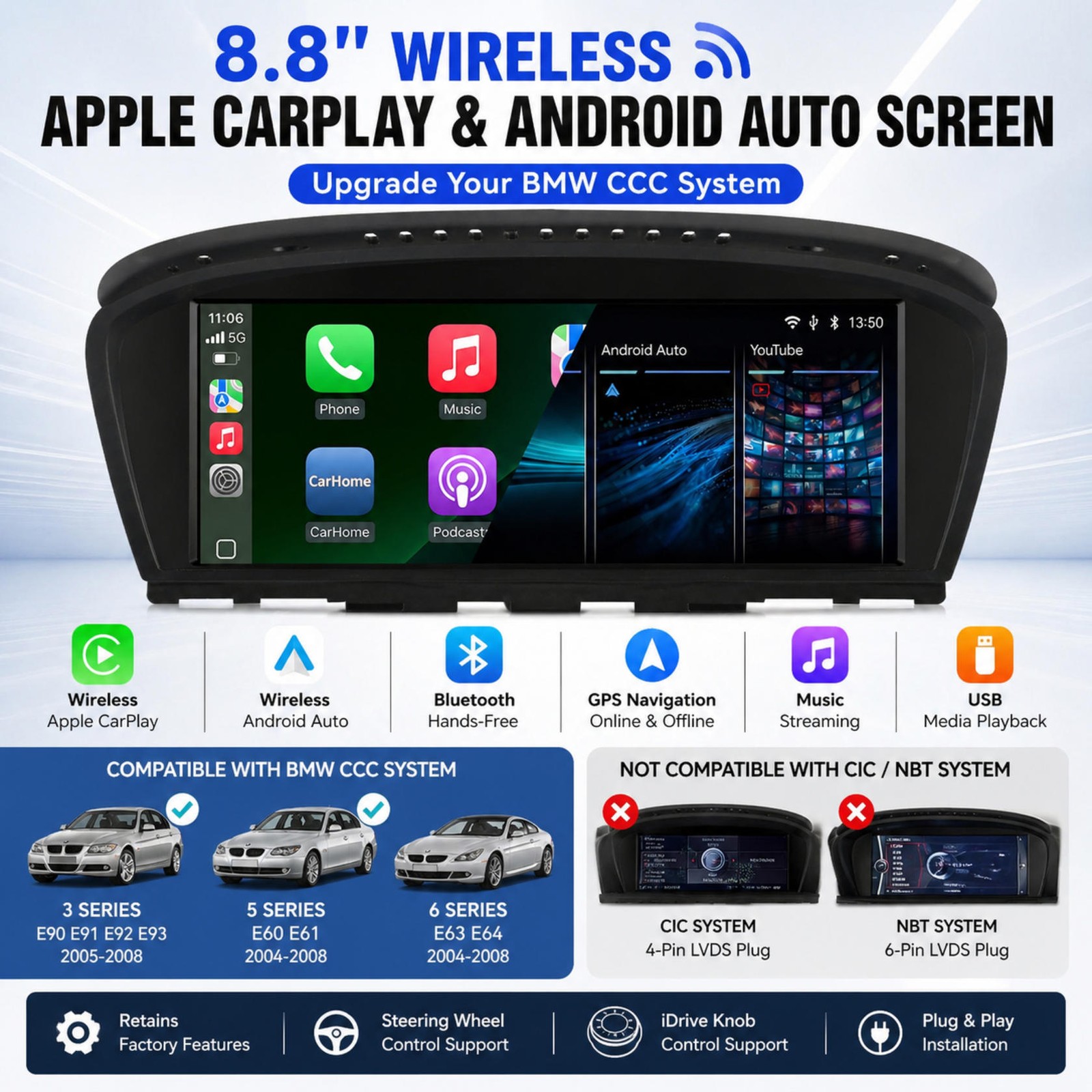 Wireless CarPlay TouchScreen For CCC BMW 3/5 Series E90 E91 E92/93 E60 E61 E63