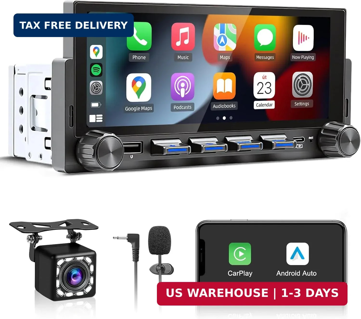 6.86″ Wireless Carplay Android Auto Single Din Touchscreen Stereo Backup Camera