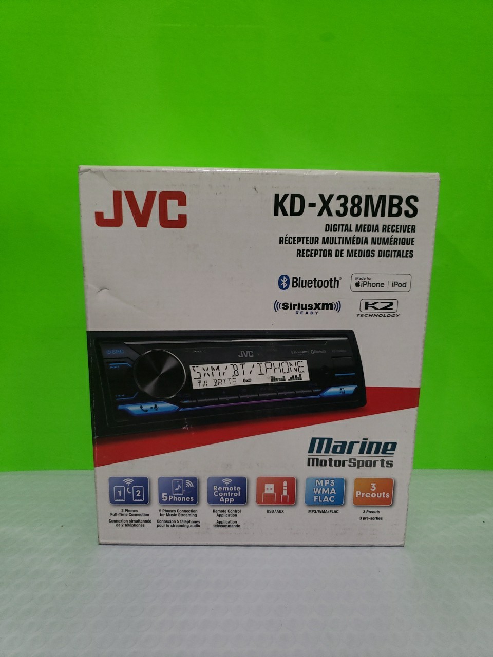 JVC KD-X38MBS Single DIN Marine MotorSport Bluetooth USB AUX LED Good Condition