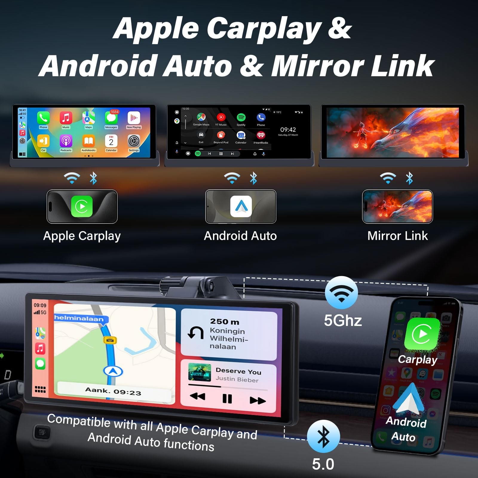 Pantalla Tactil 10″ Carplay Android Portátil Bluetooth Estereo Para Carro Coche