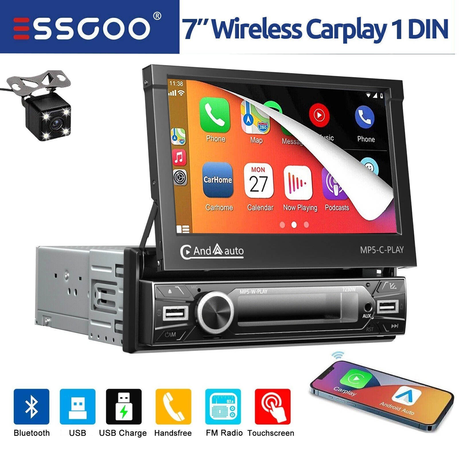 7″ Single DIN Car Radio Stereo Player Touch Screen Android Apple Carplay USB+CAM