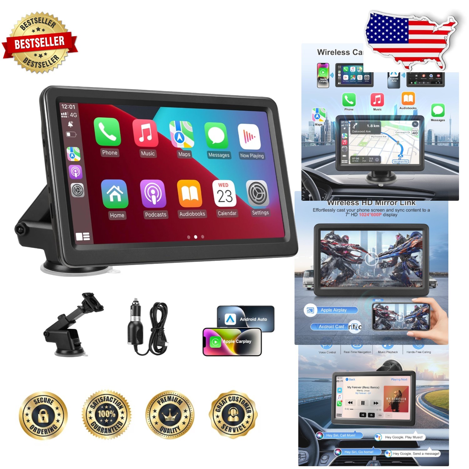 Carplay Screen 7 Inch HD | Wireless Auto Play | Mirror Link | GPS Voice Control
