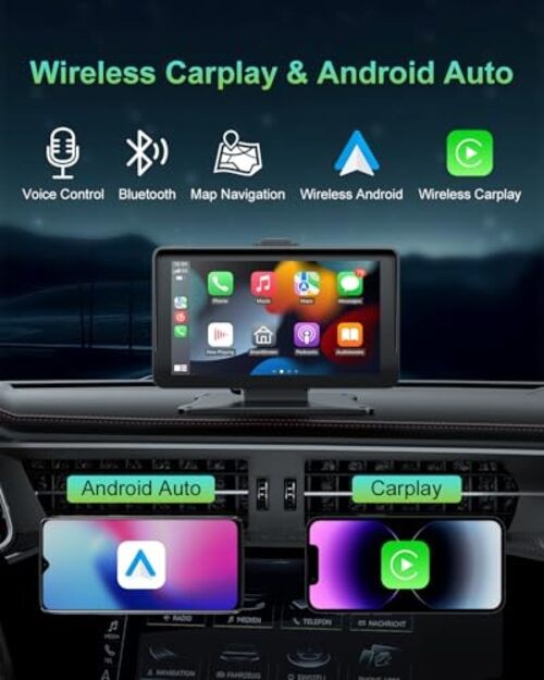 Apple Carplay Screen for Car, 7″ HD Portable Dual-mount with Backup Camera