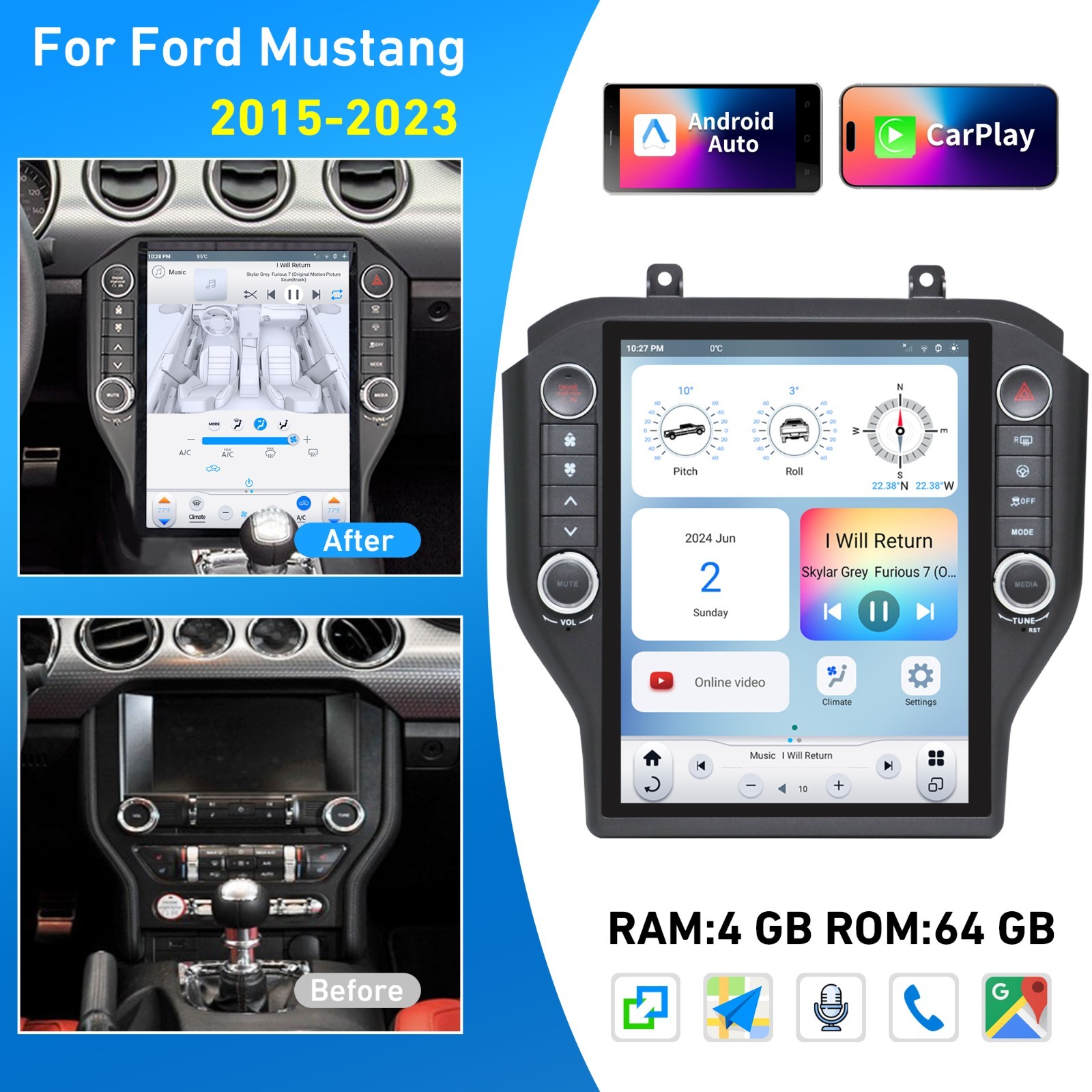 LINKSWELL GEN6 “T” Style Radio Stereo for Ford Mustang 2015-2023 Carplay Android