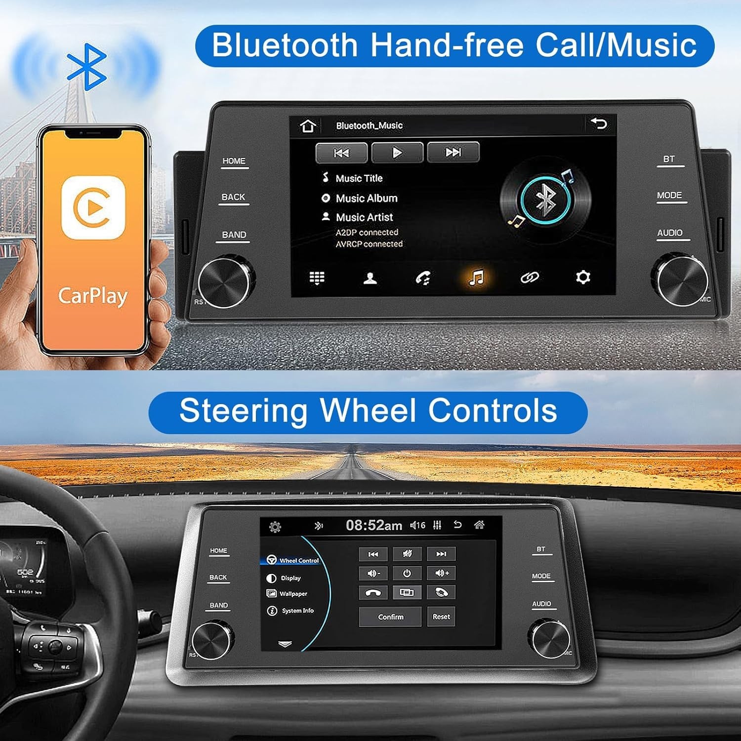 5 Inch IPS Touchscreen Single Din Car Radio with Wireless Carplay & Android Auto
