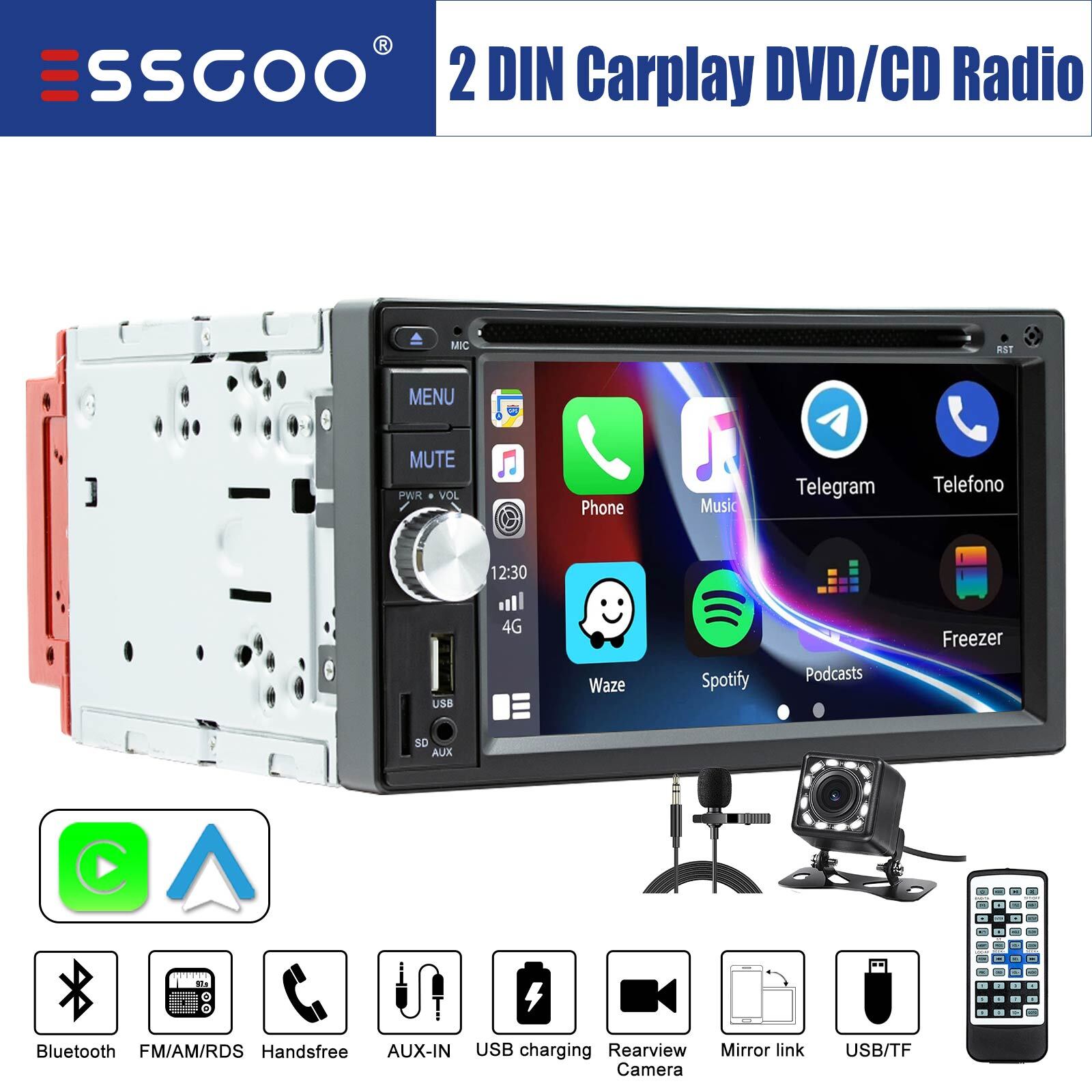 Car Stereo 6.2″ 2 DIN CD DVD Player Carplay Android Auto FM AM Radio CAMERA MIC