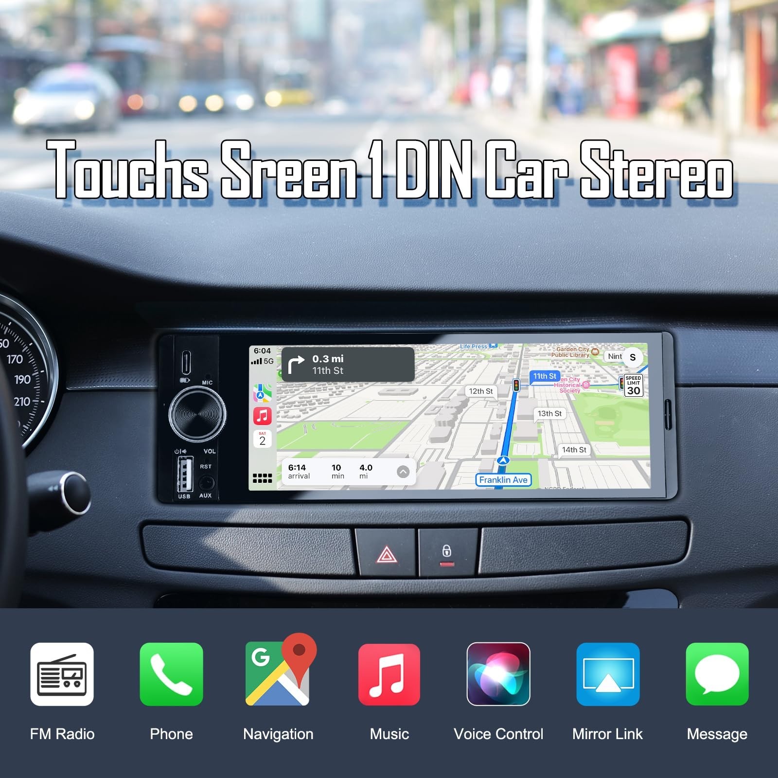Single DIN Car Radio with 6.36″ HD Touchscreen, Bluetooth, Backup Camera, CarPla