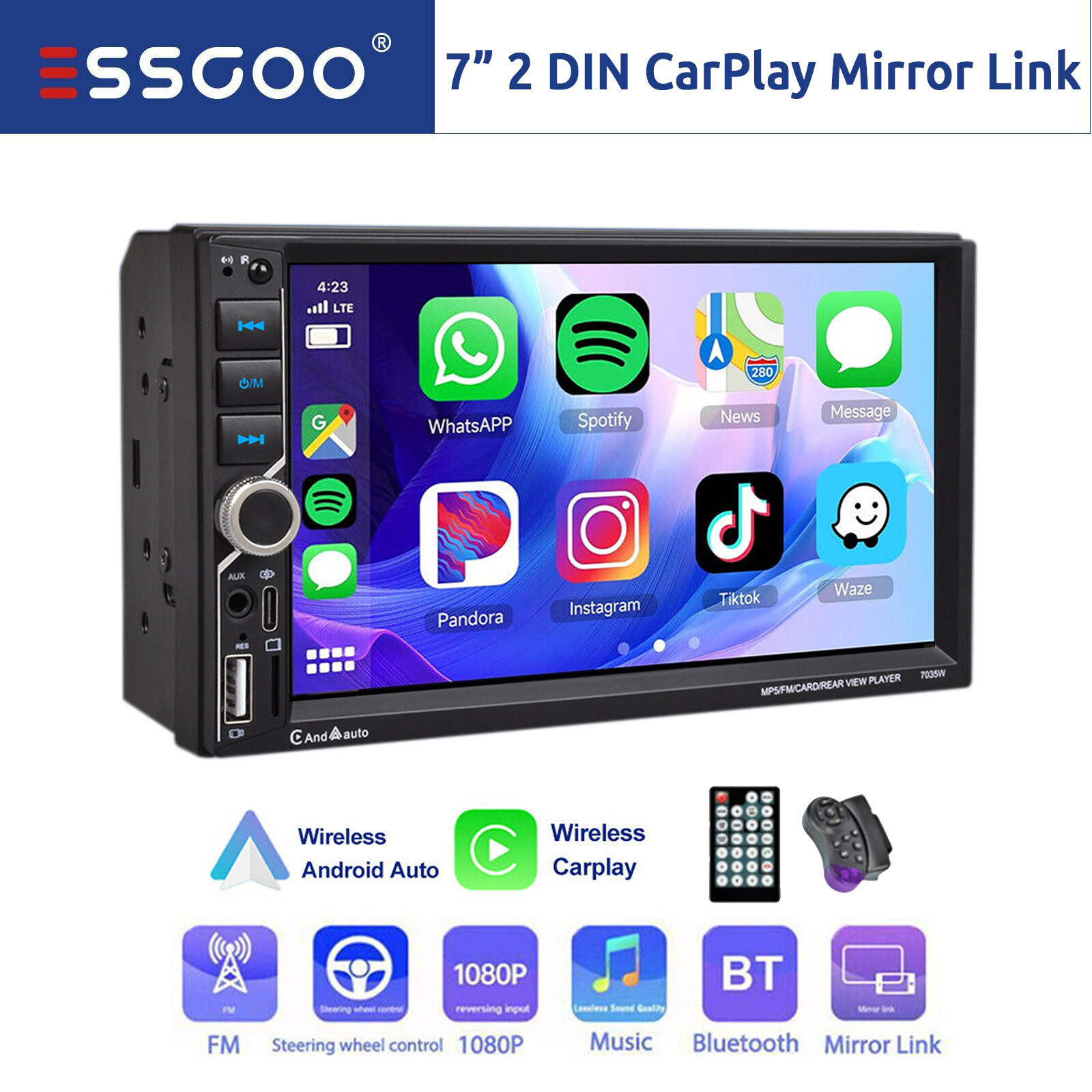 7 Inch Double DIN Apple CarPlay Android Auto Car Stereo Touch Screen FM USB BT