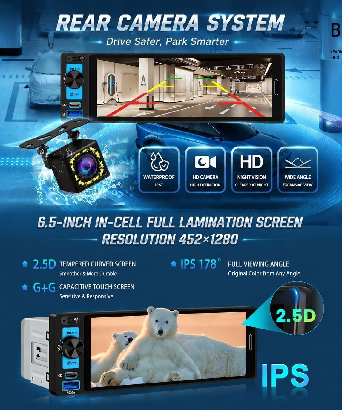 6.5” Single Din Car Stereo Receiver With Wireless Apple CarPlay, IPS Touchscreen