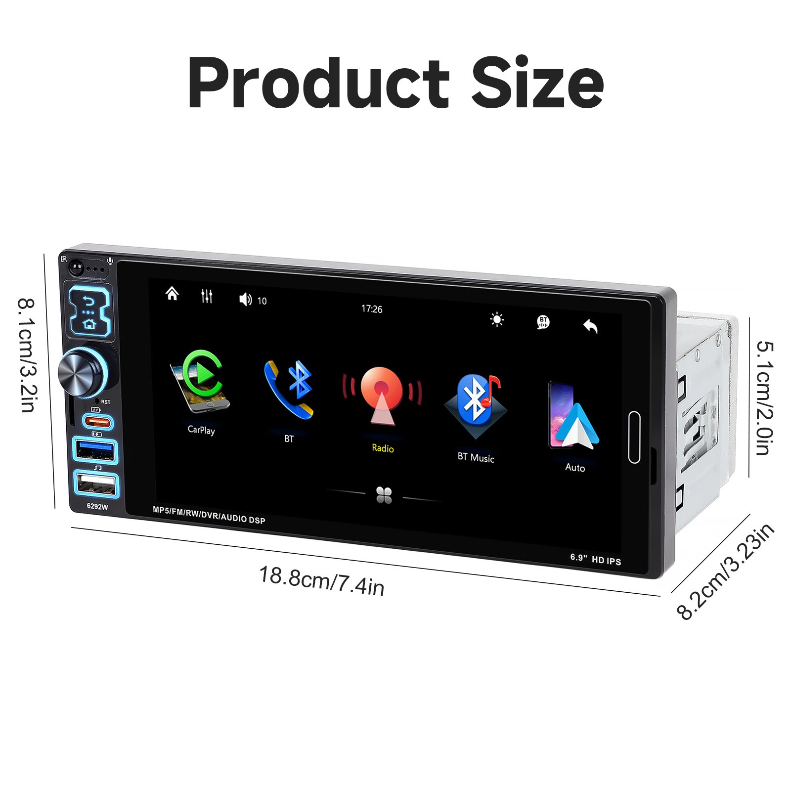 6.9″ Single Din Car Stereo Wireless CarPlay touchscreen Bluetooth Radio USB CAM