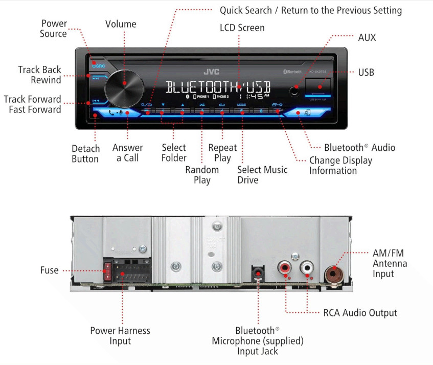 KD-SX27BT Bluetooth Car Stereo, 100W USB/AUX Single DIN Receiver