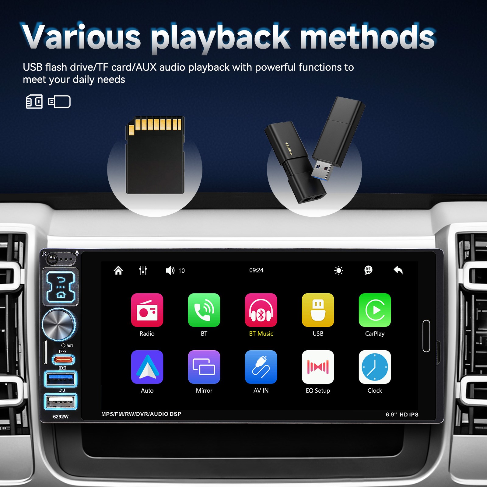 6.9″ Single Din Car Stereo Wireless CarPlay touchscreen Bluetooth Radio USB CAM