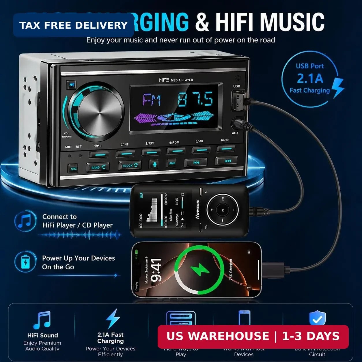 Double DIN Bluetooth Car Stereo Audio Head Unit Hand-Free FM Radio USB AUX Input