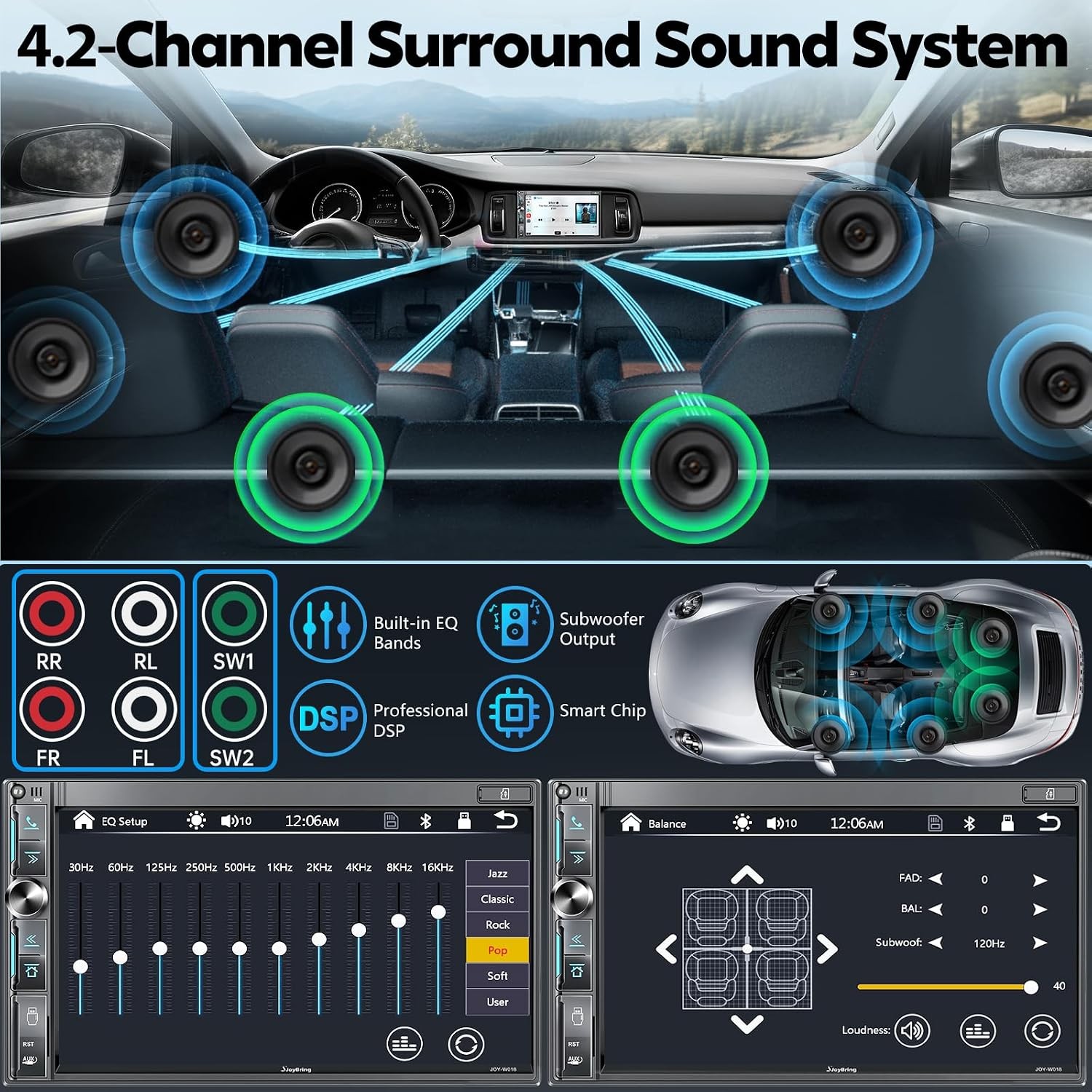 Wireless CarPlay Radio 7 Inch Double Din Subwoofer Outputs Camera