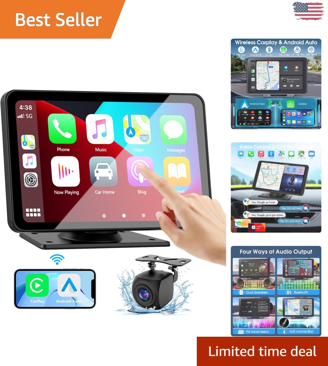 2025 Upgrade: 7” Wireless Carplay Screen with GPS Navigation & Audio Output
