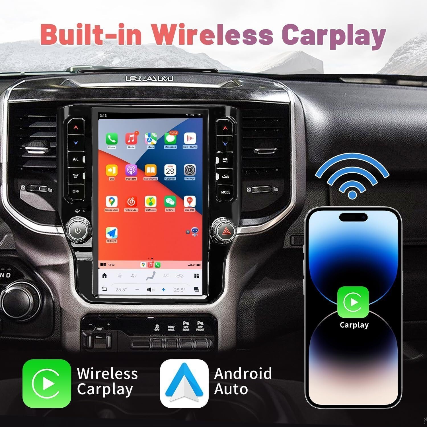 12.1″ For Dodge RAM 2019-2023 Car GPS Radio Navigation Stereo 8G+128GB Carplay