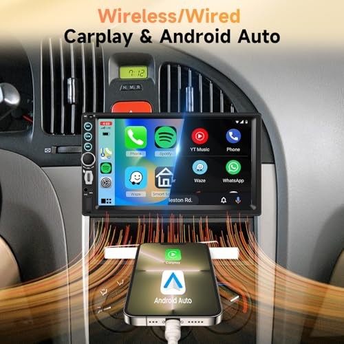 Double Din Car Stereo 7″ HD Touchscreen, Wireless Carplay & Android Auto,