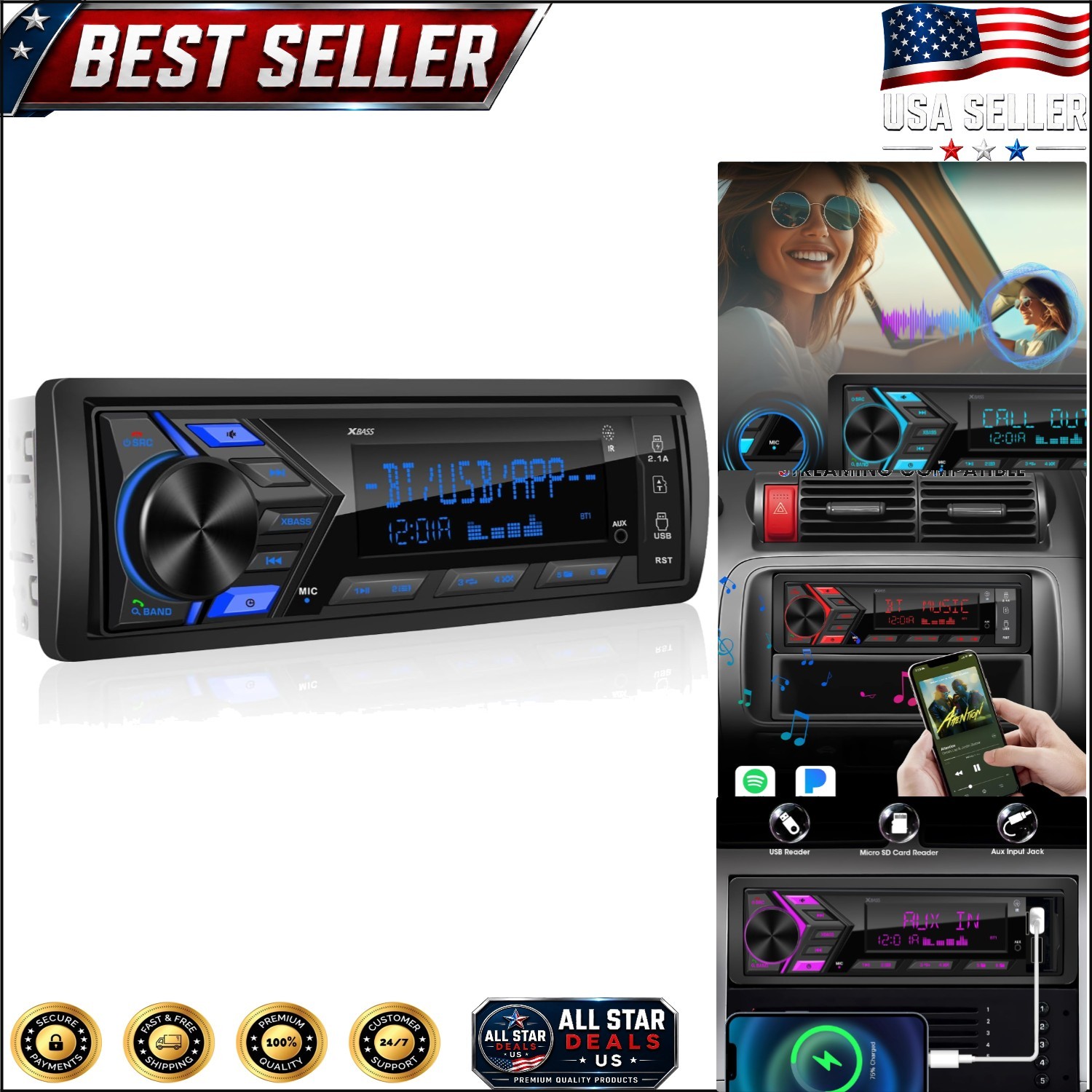 Elegant 1-Din Radio Receiver with Bluetooth & Fast Charging USB for Modern Cars