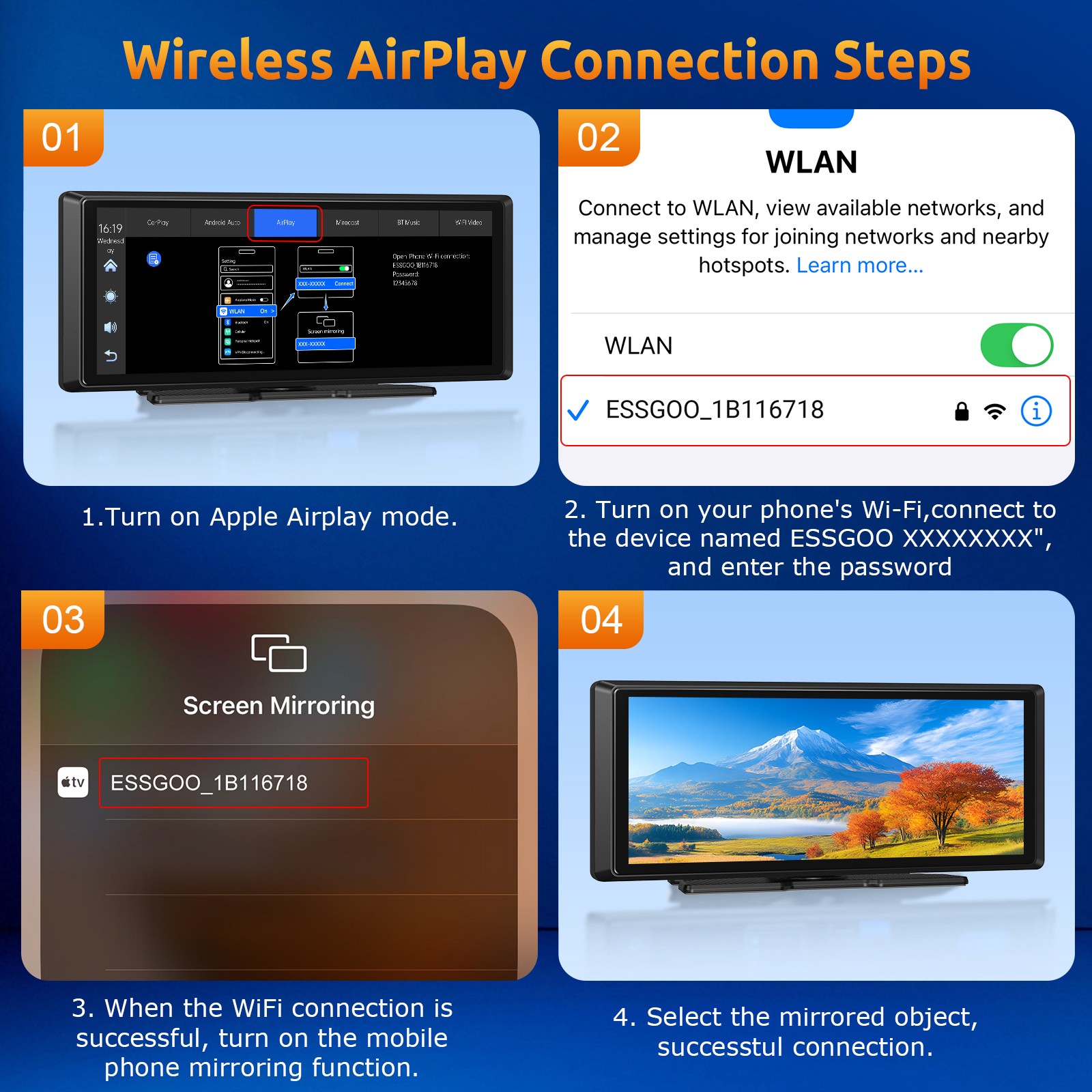 2K Portable Wireless Car Stereo With Carplay Android Auto Play DVR & Backup Cam