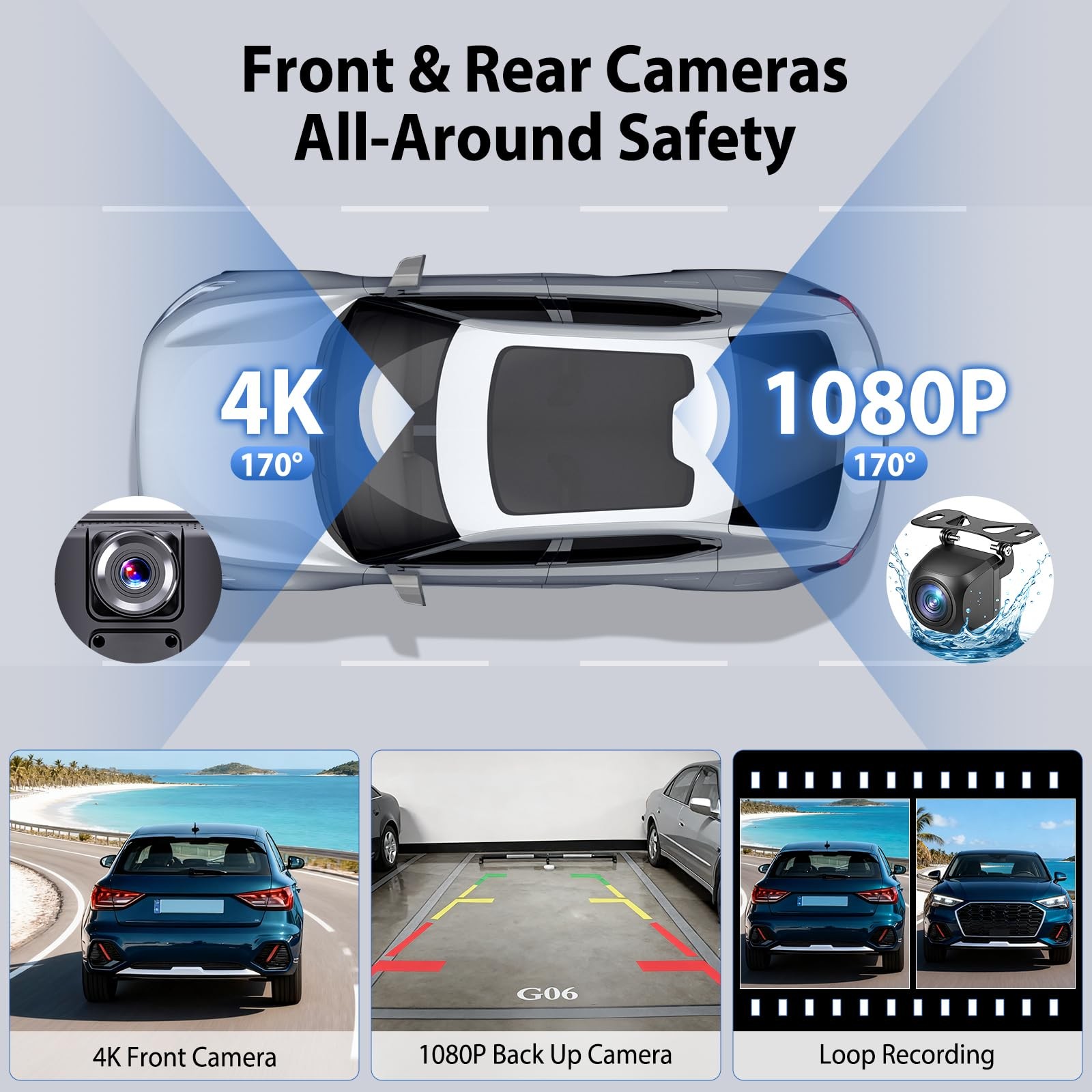 10.26″ Wireless CarPlay Screen for Car: 4K Dash Cam & 1080P Backup Black